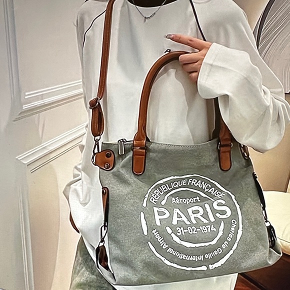 Retro crossbody canvas tote bag. Gray with white lettering. New - Picture 2 of 3